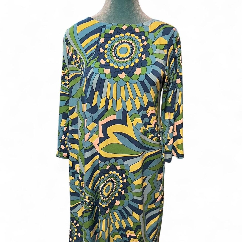 London Times Womens Green Blue Psychedelic 60s Shift Dress 8P Boho Retro